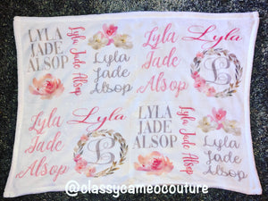 Elegant Pink/Grey Floral Name Blanket